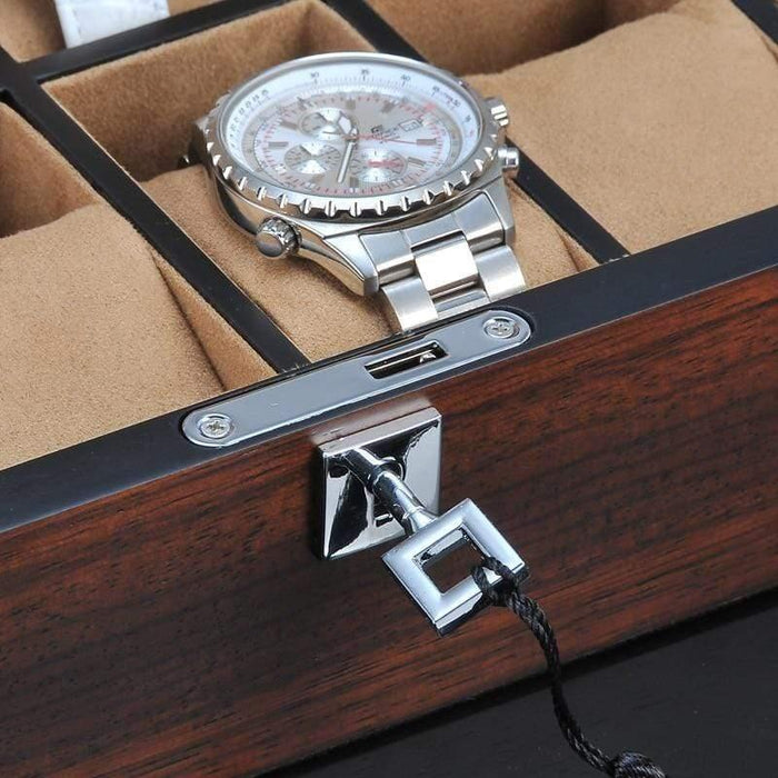 Brown Wooden Watch Box with Convenient Pocket and 12 Slots