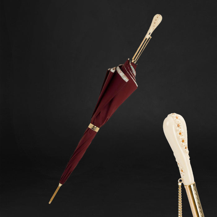 Burgundy Crystal Handle Printed Double Cloth Umbrella