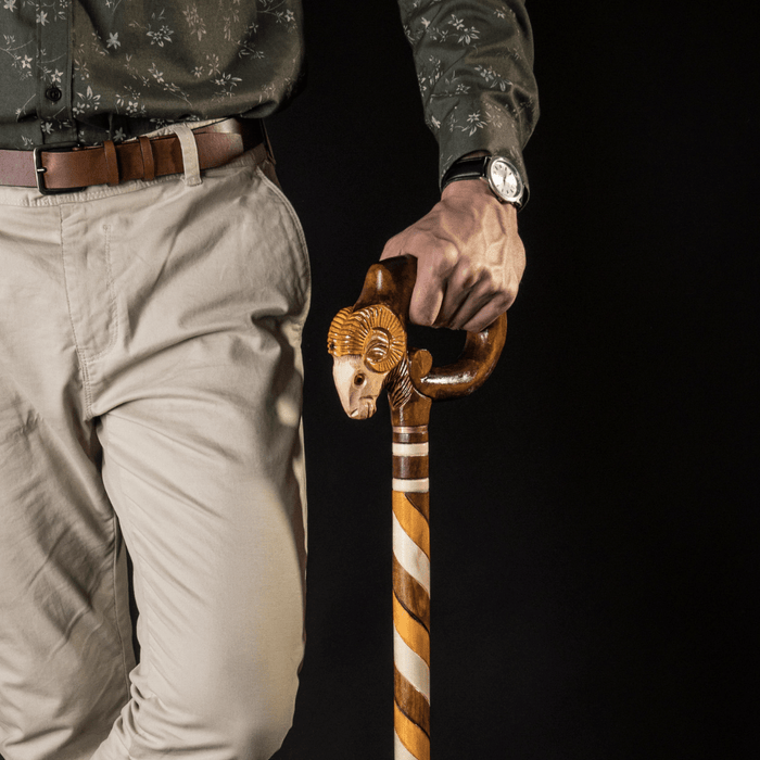 Hand-carved ram walking stick