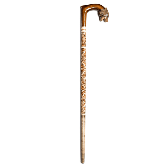 Wolf Walking Cane Hand Carved - Natural Wood Handmade