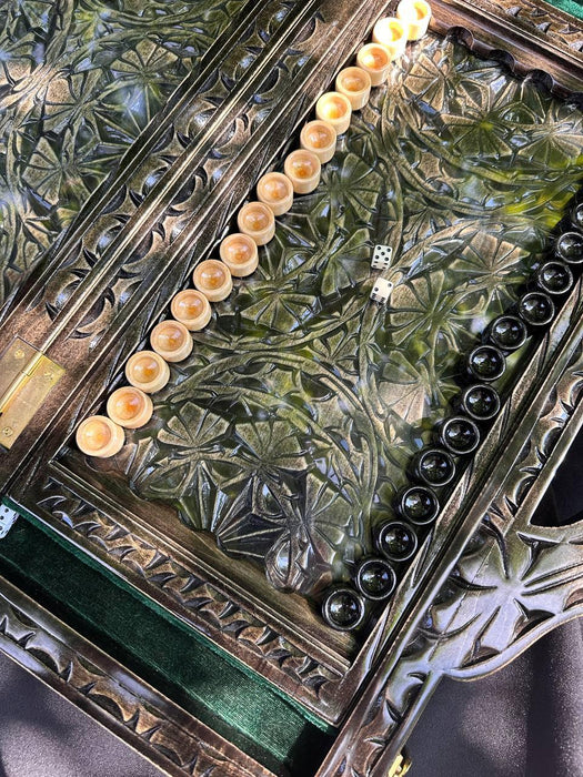 Carved Wooden Backgammon Set With Glass Inside, Carved Backgammon With Handle