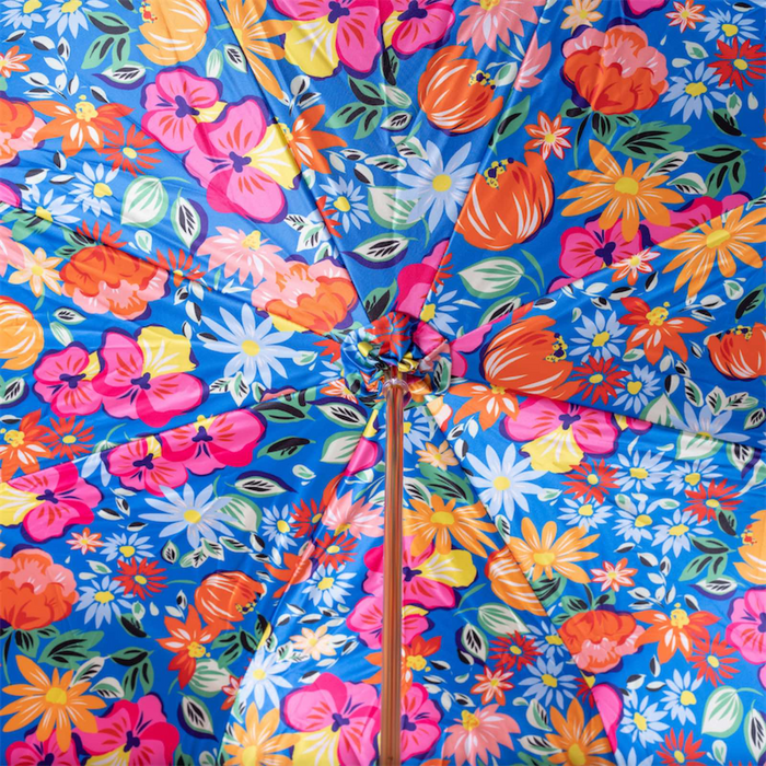 Women's Orange Umbrella with Flowered Interior and Unique Blue Handle