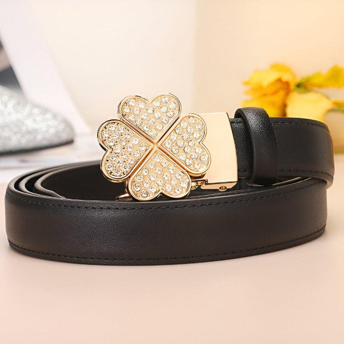 Leather Belt With Rhinestone Clover Buckle, Selina Model