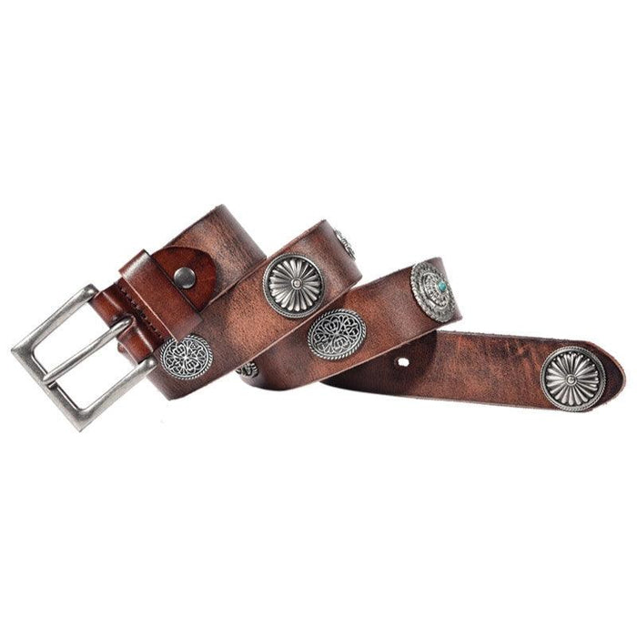 Studded Belt For Men In Aged Leather and Decorations, Mauli Model