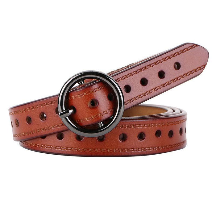 Women's Openwork Leather Belt With Vintage Round Buckle, Alice Model