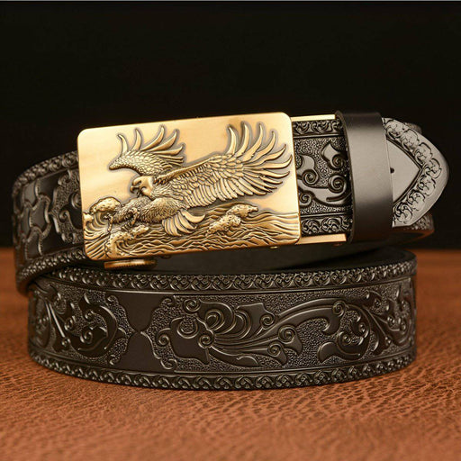 Men's leather belts with ratchet buckle