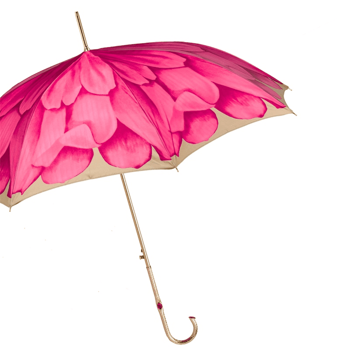 Chic Floral Design Fuchsia Dahlia Umbrella with Jeweled Brass Handle