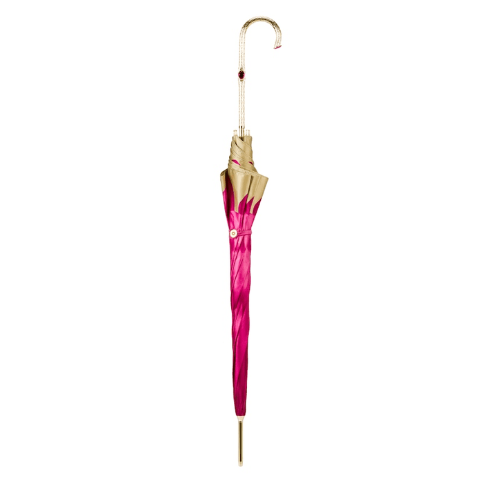 Chic Floral Design Fuchsia Dahlia Umbrella with Jeweled Brass Handle