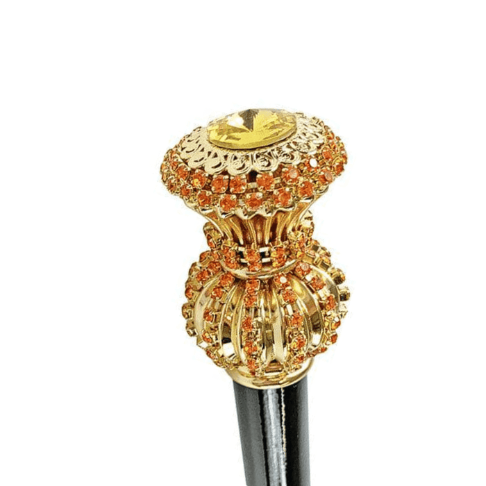 Chic Handmade Walking Cane with Orange Crystals Handle