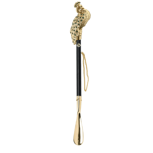 Chic Peacock-Handled Shoehorn with Emerald Crystals