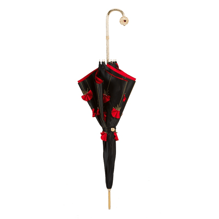 Chic Poppies Black Red Brass Handle Umbrella