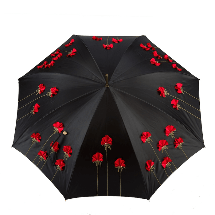 Chic Poppies Black Red Brass Handle Umbrella