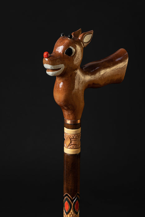 Christmas Wooden Deer Walking Cane Candy Stick, Hand Carved