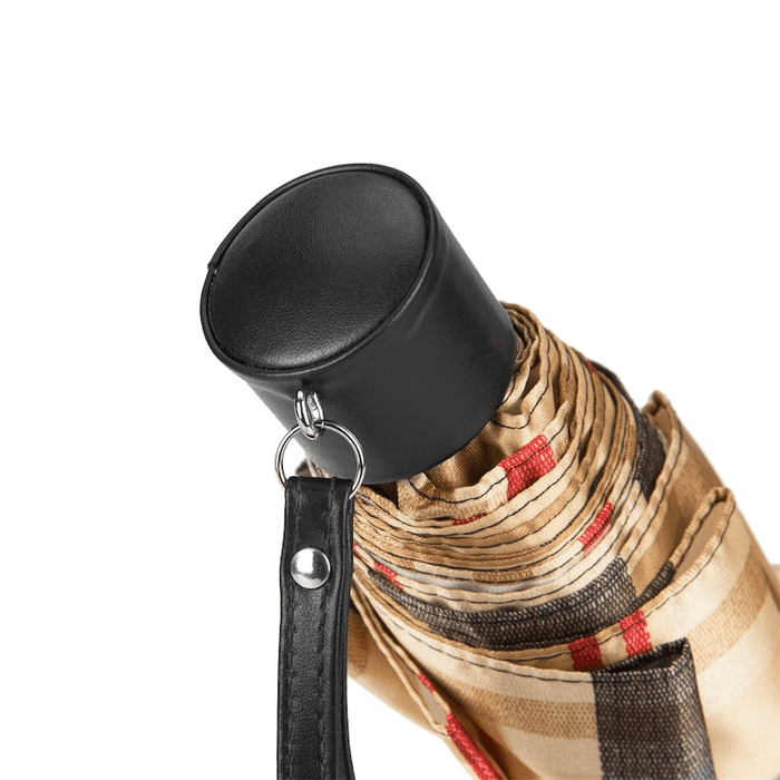 Classic Beige Stripe Black Leather Stylish Umbrella Women