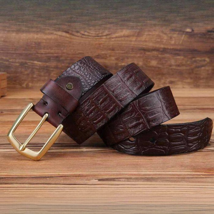 Crocodile Effect Leather Belt With Gold Buckle For Men, Garri Model