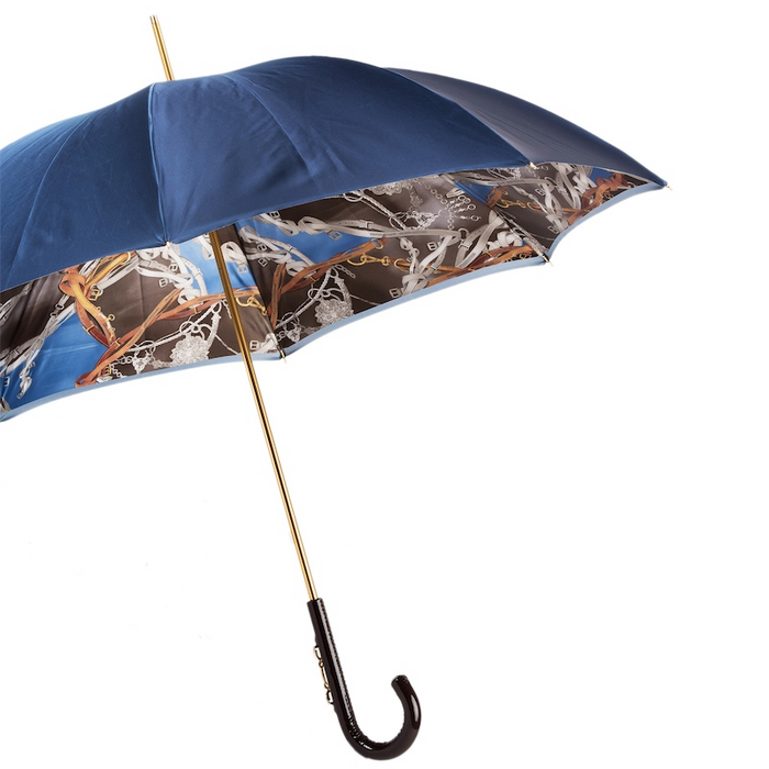 Brown Handle Navy Bridles Double Cloth Umbrella