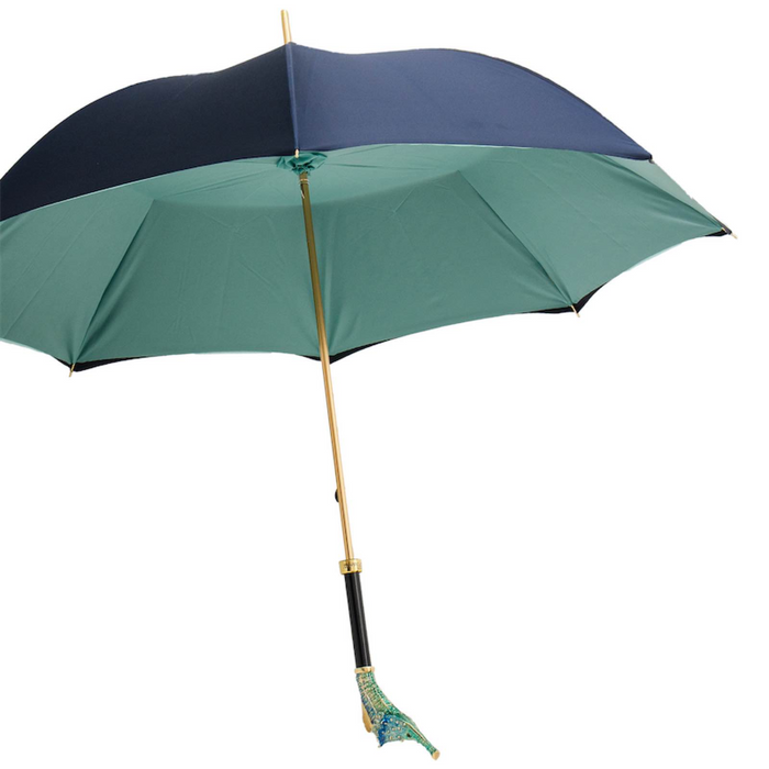 Chic Blue Canopy Brass Handle Umbrella