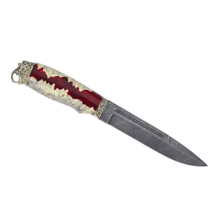 Damascus Steel Knife with Hybrid Wood Red Epoxy Handle