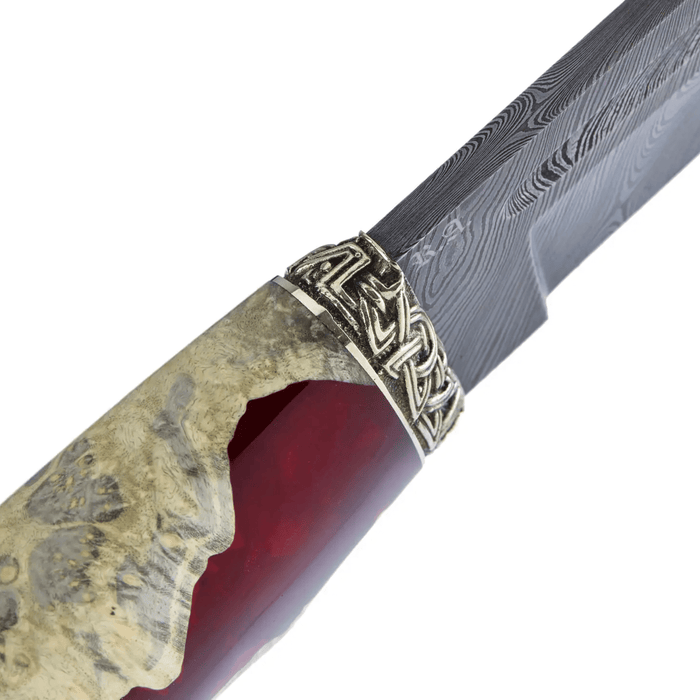 Damascus Steel Knife with Hybrid Wood Red Epoxy Handle