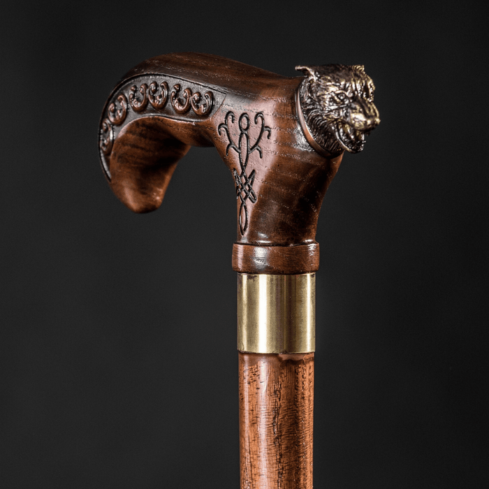 Dark Wooden Walking Cane Wolf, Fashionable Walking Stick