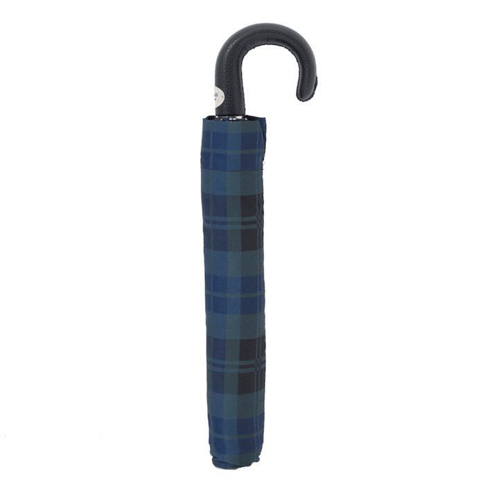 Designer Blue Tartan Folding Umbrella with Leather Handle