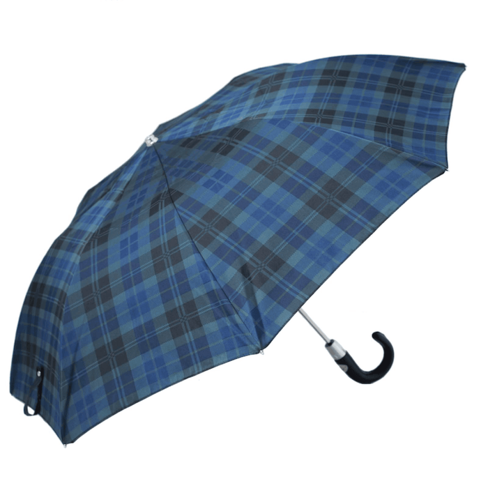 Designer Blue Tartan Folding Umbrella with Leather Handle