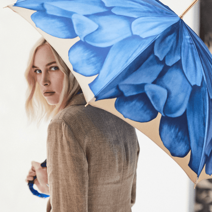 Designer Handcrafted Women Blue Dahlia Umbrella with Unique Handle