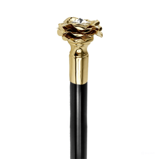 Designer Walking Stick with Rose in Golden Brass