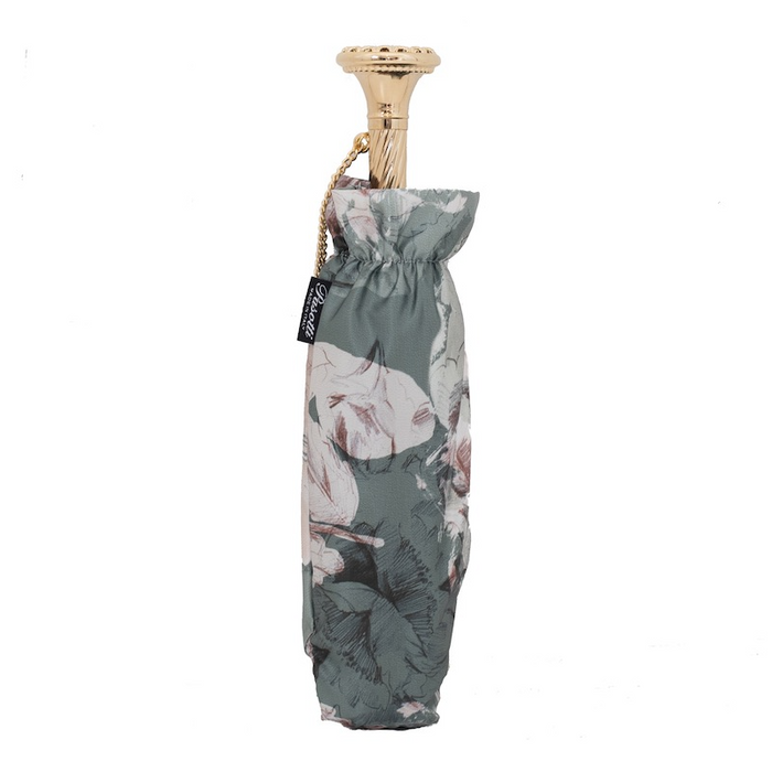 Grey Flowered Jewel Brass Luxury Collapsible Umbrella