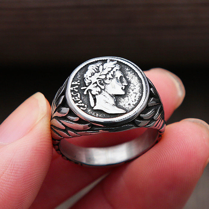 Emperor Caesar Head Ring Silver Stainless Steel