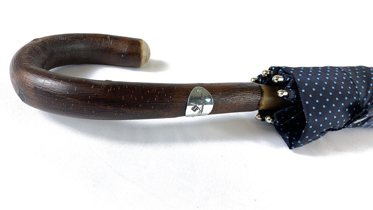 Elegant Blue umbrella with Natural Chestnut Wood hand-curved - Artynov | Unique Handmade Accessories