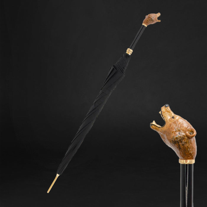 Elegant Brown Bear Enameled Brass Handle Umbrella