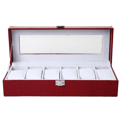 Sophisticated Red Leather Watch Storage Case for Women with 6 Slots