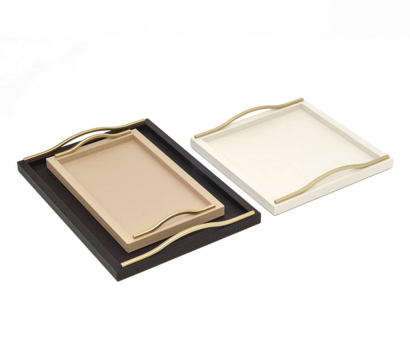 Elegant Rectangular Calfskin Leather Onda Tray with Wavy Metal Handles