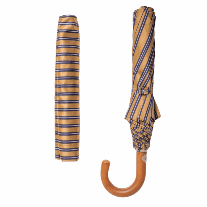 Elegant Wood Handle Striped Ocher Folding Umbrella