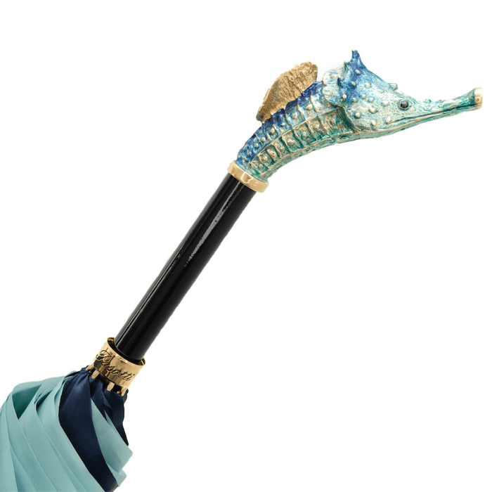 Enameled Brass Handle Blue Umbrella for Women