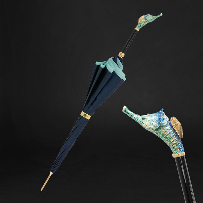 Enameled Brass Handle Blue Umbrella for Women