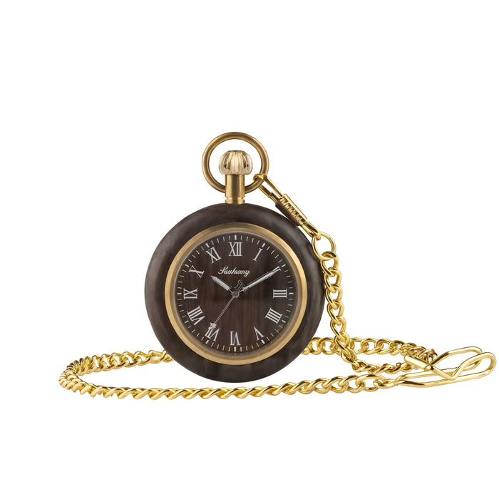 Wooden Roman Numeral Pocket Watch - Gold Quartz Pendant Clock