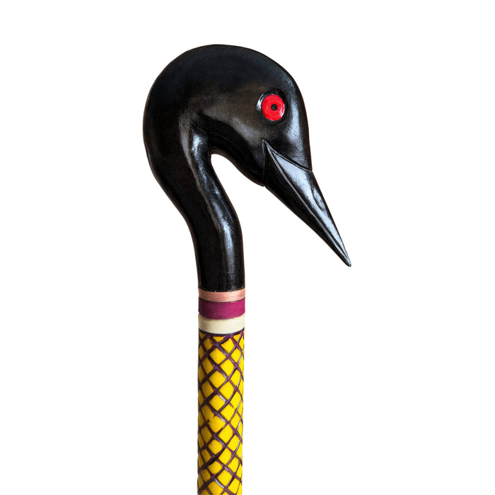 Artisan Walking Cane Loon with Hand-Carved Elements Hand Painting