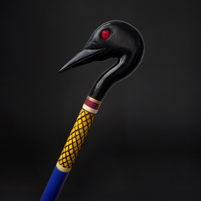 Artisan Walking Cane Loon with Hand-Carved Elements Hand Painting