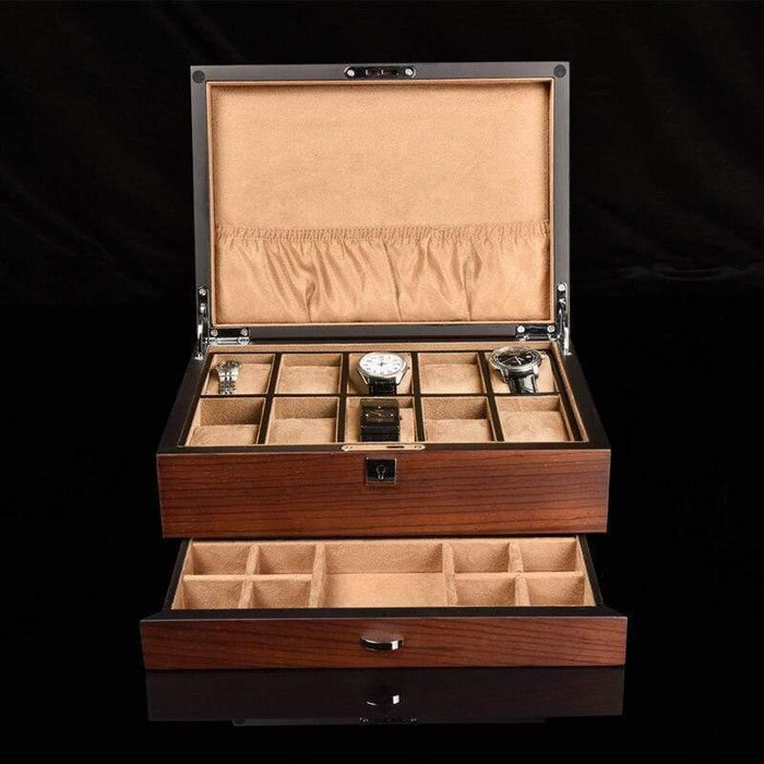 Exclusive Brown Wooden Watch Case with Pocket and 10 Slots