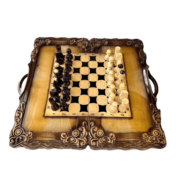 Exclusive Handmade Wooden Chess Set 3 In 1, Carved Chess Set