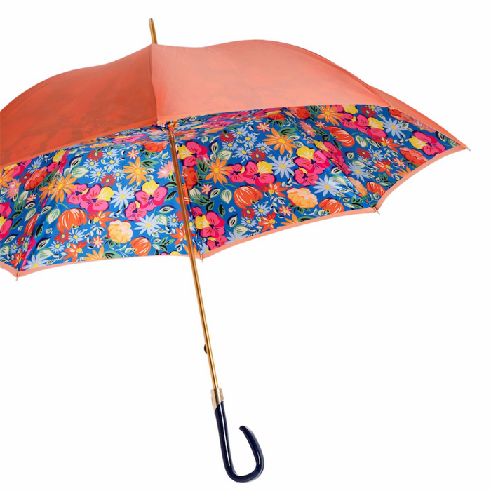 Women's Orange Umbrella with Flowered Interior and Unique Blue Handle
