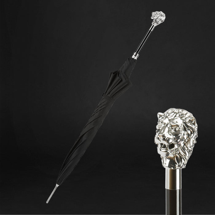 Fancy Black Umbrella, Silver Lion Handle Umbrella For Men