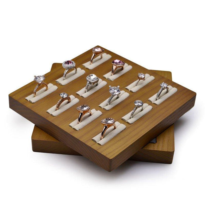 Fancy Square Wood 12 Slots Rings Display Tray