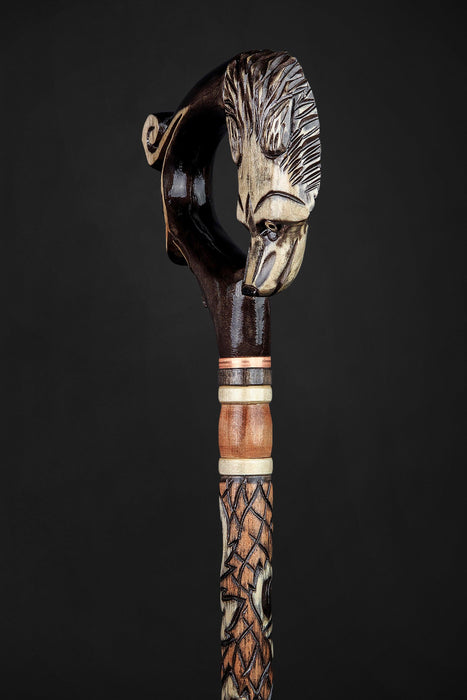 Hand-Carved Wooden Wolf Cane with Hand-Painted Accents, Handmade