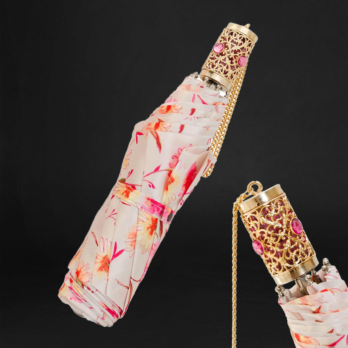 Floral White & Pink Acetate Brass Designer Umbrella