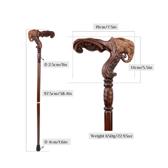 Folding Antique Style Elephant Wood Walking Cane, Ergonomic Handle