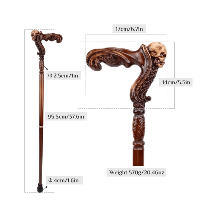 Folding Fancy Skull Wooden Walking Cane, Ergonomic Handle