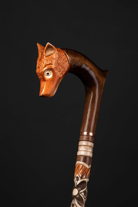 Fox Head Walking Stick Carving, Artisan Walking Stick